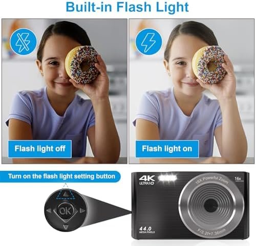 Digital Camera for Teens, FHD 4K 44MP Digital Camera with 64GB SD Card 16X Digital Zoom, Digital Camera Compact Point and Shoot Camera for Teens Boys Kids Camera Digital Black(Black) - Image 6