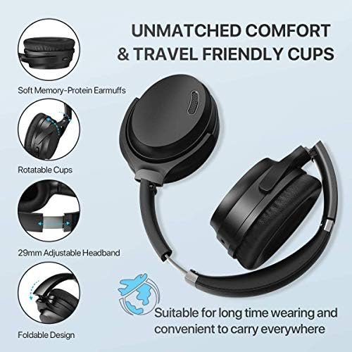 HROEENOI Active Noise Cancelling Headphones, JZ02 Bluetooth Headphones, Wireless Over Ear Headphones with CVC 8.0 Microphone Deep Bass Headset, 40 Hours Playtime for Travel Work TV Phone - Black - Image 5