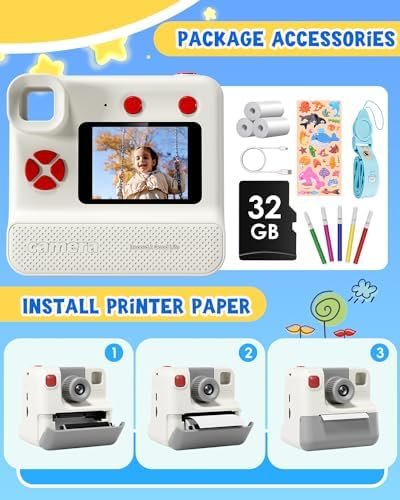 Kids Camera Instant Print, Christmas Birthday Gifts for Toddle Girls Boys Age 3-12, 20MP & 1080P Selfie Digital Camera with 3 Roll No-Ink Print Paper 32G SD Card - White - Image 6