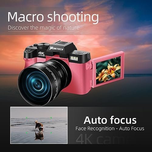 Digital Comcapt for Photography and Video,4K 48MP Vlogging Camera for YouTube with 180° Flip Screen,16X Digital Zoom,52mm Wide Angle & Macro Lens, 2 Batteries, 32GB TF Card(2024 Pink) - Image 3