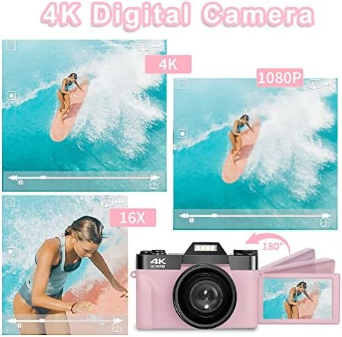 Digital Cameras for Photoggraphy, 4K Vlogging Camera for YouTube with Built-in Fill Light, 16X Digital Zoom, Manual Focus, 52mm Wide Angle Lens & Macro Lens, 32GB TF Card and 2 Batteries Pink - Image 4