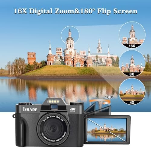 Digital Camera for Photography, 4K 48MP Vlogging Camera for YouTube with WiFi, 3-inch 180-degree Flip Screen, 16X Digital Zoom, 52mm Wide Angle & Macro Lens, 32GB TF Card and 2 Batteries - Image 5