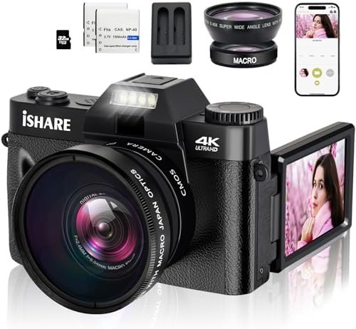 Digital Camera for Photography, 4K 48MP Vlogging Camera for YouTube with WiFi, 3-inch 180-degree Flip Screen, 16X Digital Zoom, 52mm Wide Angle & Macro Lens, 32GB TF Card and 2 Batteries