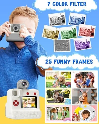 Kids Camera Instant Print, Christmas Birthday Gifts for Toddle Girls Boys Age 3-12, 20MP & 1080P Selfie Digital Camera with 3 Roll No-Ink Print Paper 32G SD Card - White - Image 4
