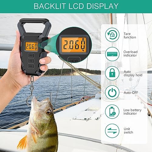 ORIA Digital Fishing Scale, (Upgraded)Fishing Postal Hanging Hook Scale, 110lb/50kg Waterproof Luggage Scale with Tape Measure, Digital Fishing Scale with Fish Gripper, Backlit LCD Display, Grey - Image 3