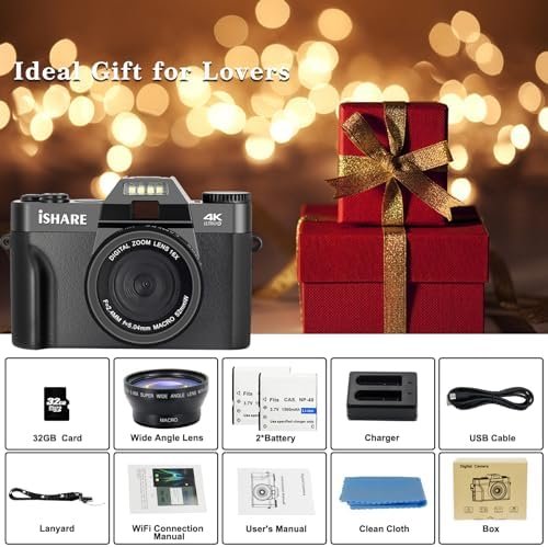 Digital Camera for Photography, 4K 48MP Vlogging Camera for YouTube with WiFi, 3-inch 180-degree Flip Screen, 16X Digital Zoom, 52mm Wide Angle & Macro Lens, 32GB TF Card and 2 Batteries - Image 7