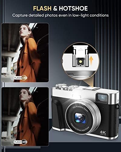 NEZINI 4K Digital Camera,Auto Focus 48MP Vlogging Camera for YouTube and Anti-Shake Video Camera with Viewfinder Flash & Dial,16X Zoom Travel Portable Digital Camera with 32GB Card,2 Batteries (Black) - Image 5