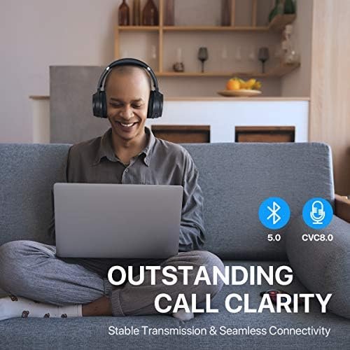 HROEENOI Active Noise Cancelling Headphones, JZ02 Bluetooth Headphones, Wireless Over Ear Headphones with CVC 8.0 Microphone Deep Bass Headset, 40 Hours Playtime for Travel Work TV Phone - Black - Image 3