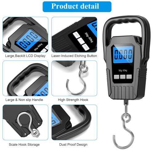 Digital Fish Scale Hanging Scale Fishing Scale, SKEAP 110lb/50kg Luggage Scale,Fish Weighing Scale, Upgrade Large Handle & Backlit LCD Display, Black,Fishing Gifts for Men,Black - Image 5